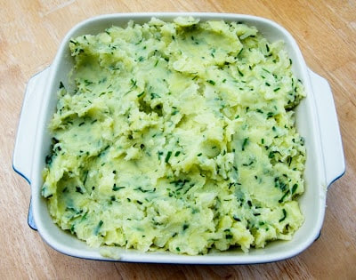 Rumbledethumps or Scottish Potato & Cabbage Pie - Step three - ovenproof dish