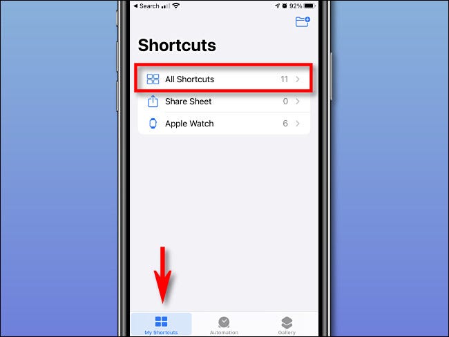 اضغط على "My Shorcuts" و "All Shortcuts" على iPhone.