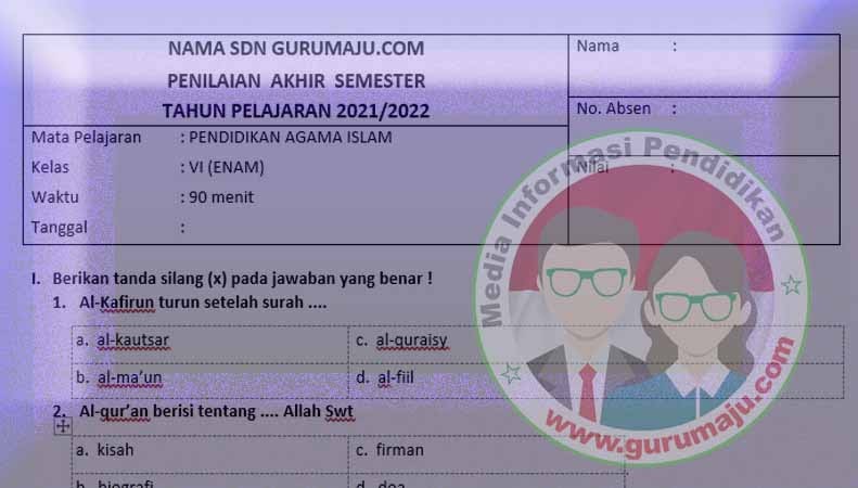 Soal UAS PAI Kelas 6 Semester 1 Revisi Terbaru GURU MAJU