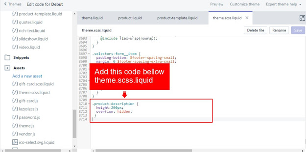 shopify theme read descriptions debut scss liquid bottom step code open