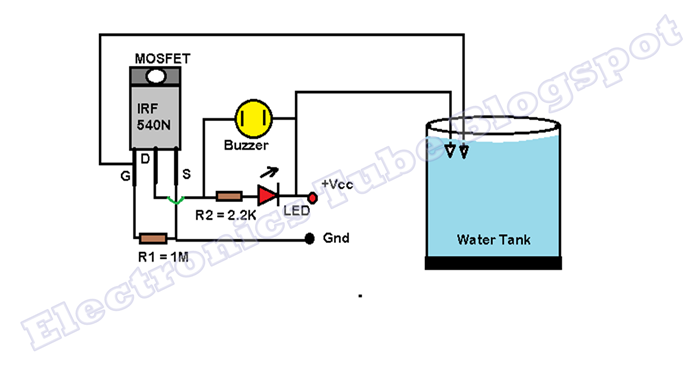 Water Tank Overflow Indicator Circuit diagram with Alarm using only one