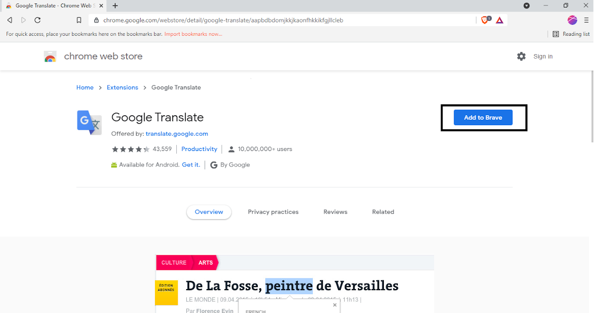 how to install Google Translate in Brave