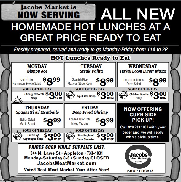 HOT Lunch Menu 8/108/14/2020 Jacobs Meat Market