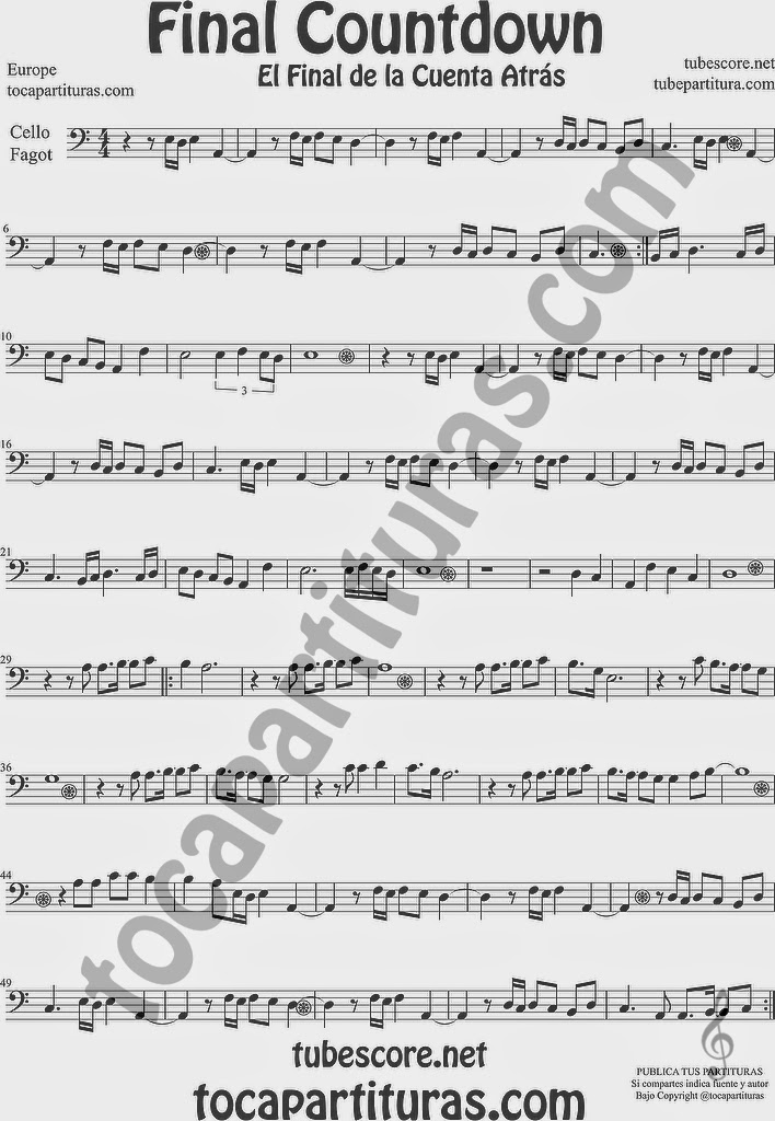  The Final Countdown Partitura de Violonchelo y Fagot Sheet Music for Cello and Bassoon Music Scores