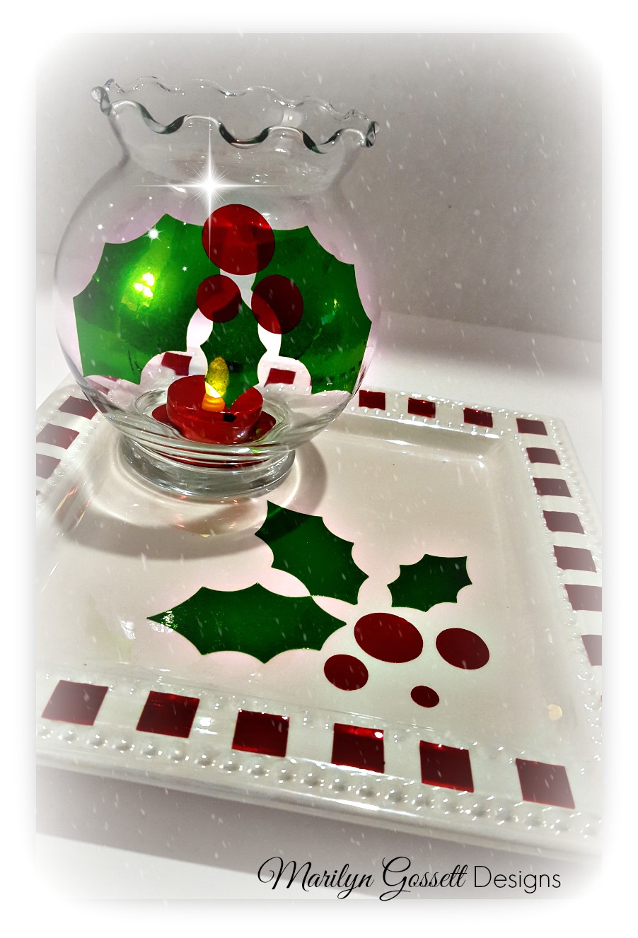 Marilyn Gossett Designs Decorate a Christmas serving plate and candle