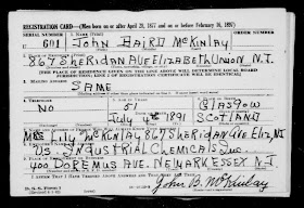 Ancestry.com, "U.S. World War II Draft Registration Cards, 1942," database on-line, Ancestry.com (http://www.ancestry.com/ : accessed 9 Mar 2015), entry for John Baird McKinlay, serial number U601, Draft Board 8, Elizabeth, Union County, New Jersey; citing Selective Service Registration Cards, World War II: Fourth Registration. Records of the Selective Service System, Record Group Number 147, National Archives and Records Administration.