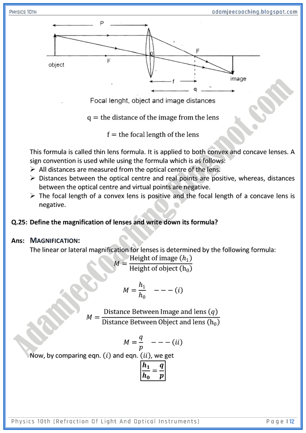Adamjee Coaching Refraction of Light and Optical Instruments