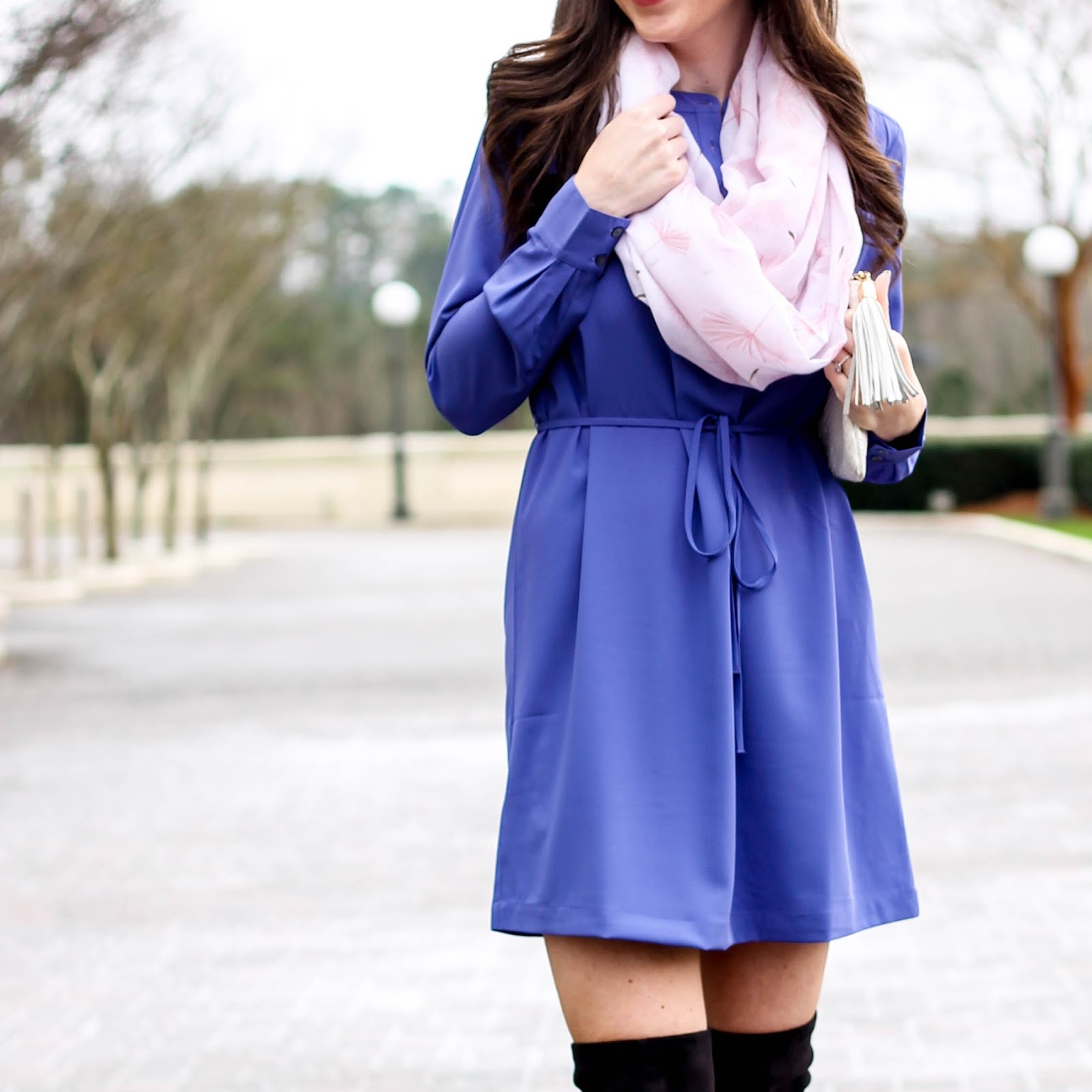 Purple Shirtdress, LOFT shirtdress, LOFT dress for winter and spring, work outfit ideas, winter outfit idea, winter trends, pastel scarf, nordstrom infinity scarf, black over the knee boots, suede boots, pretty in the pines, nc fashion blogger, fashion trends of 2016