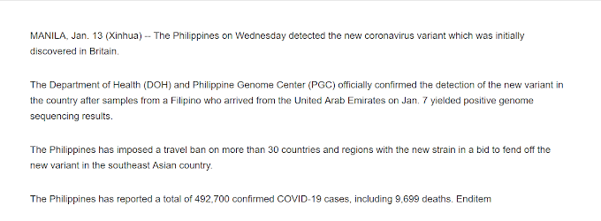 New COVID-19 Strain, Detected in PhIlippines on January 13, 2021