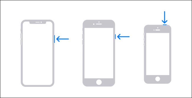 رسم تخطيطي يوضح أزرار الأجهزة التي تحتاج إلى الضغط عليها لإغلاق جهاز iPhone.