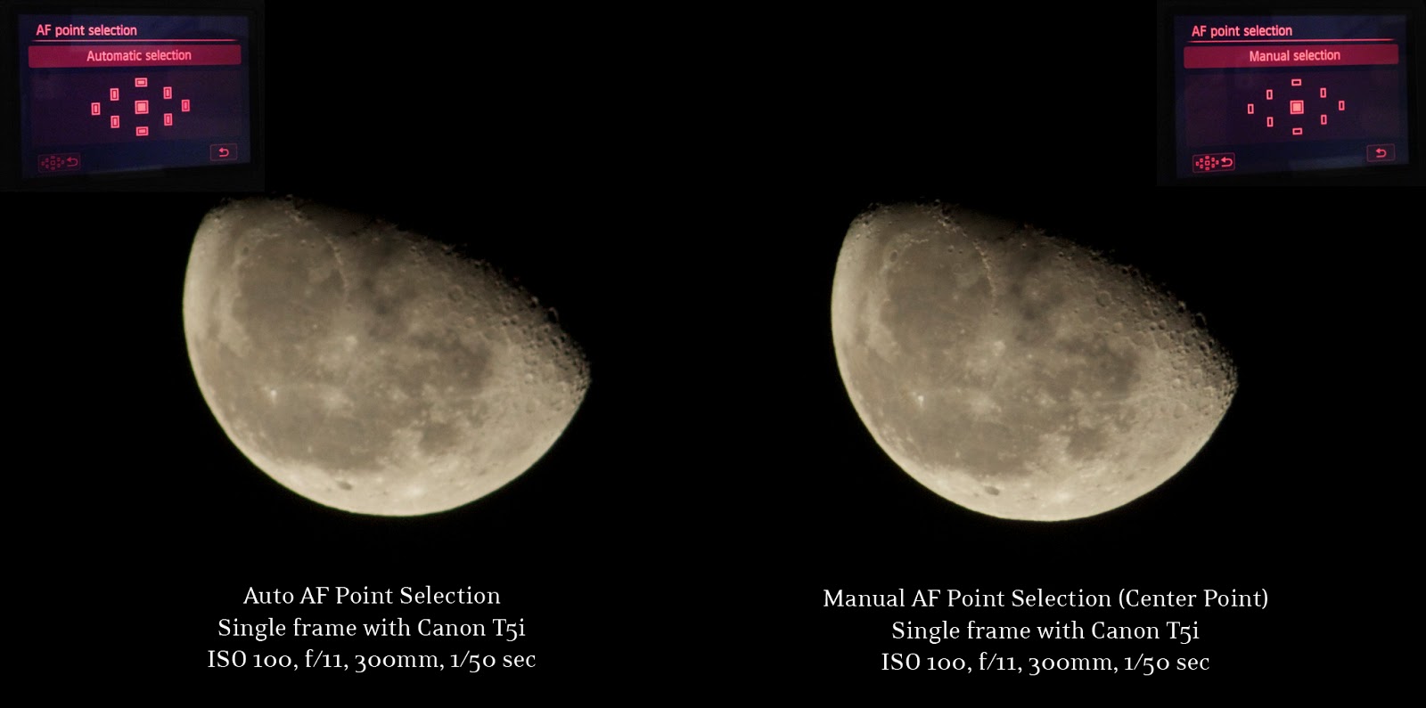 Moon with Auto Focus (AF) Point Selection: Manual Selection vs. Auto