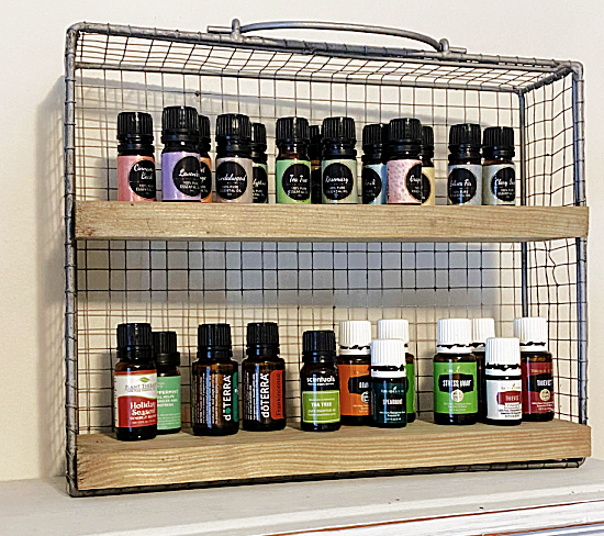 Essential oil wire shelf filled with bottles