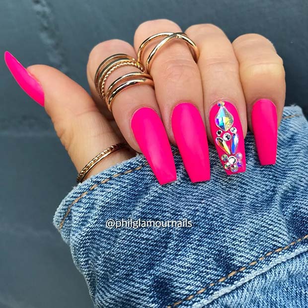 Long Coffin Pink Nails With Rhinestones - This is another set of coffin ...