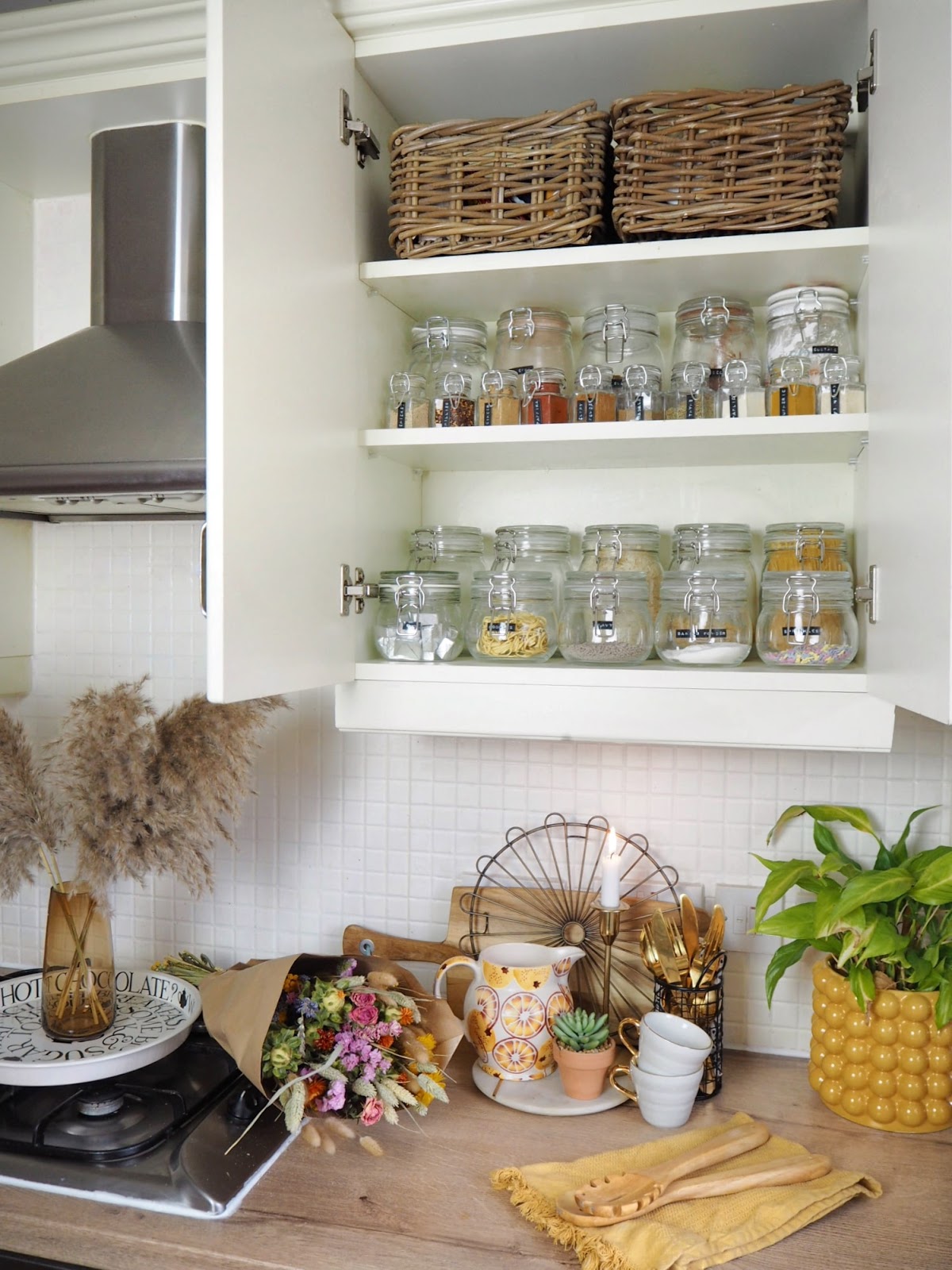How to create a mini pantry within your kitchen - storage jar inspiration and how to organise dried food within your kitchen cupboards, even if you've only got a small kitchen. Organisational storage tips for small homes. 