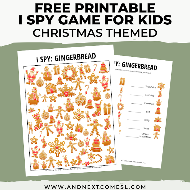 Free I spy game printable for kids: Christmas themed
