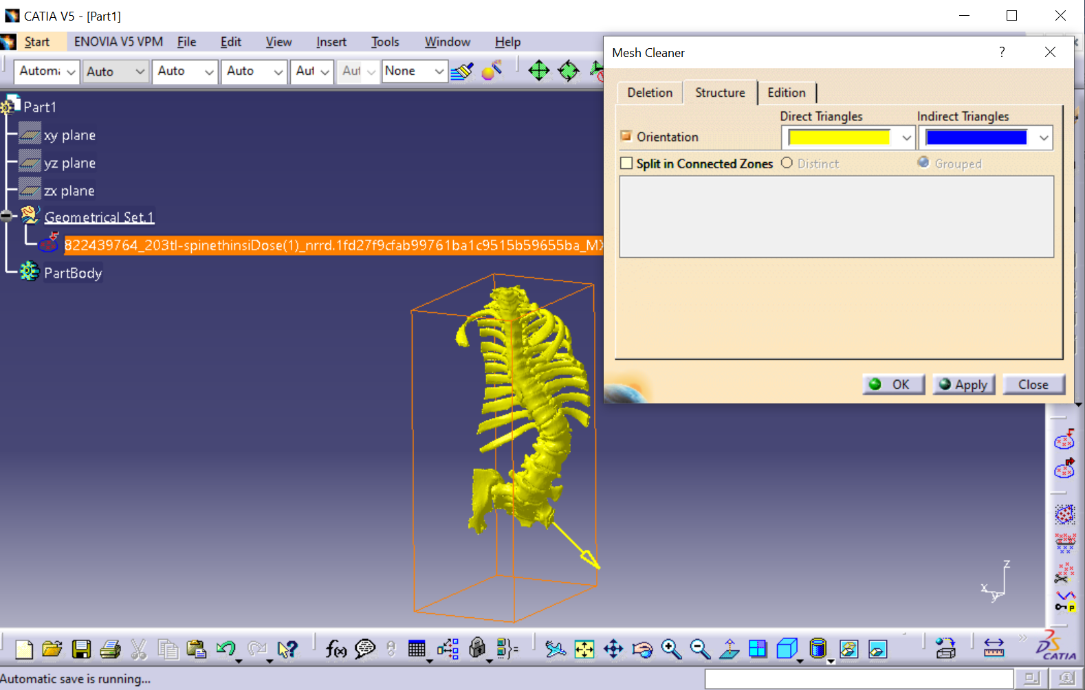 The process of removing corrupt meshes from the STL file in CATIA V5