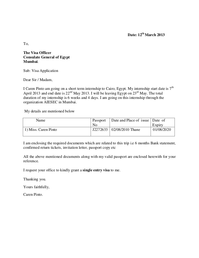 sample cover letter for visa application