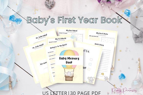A flatlay image with the phrase baby's first year book