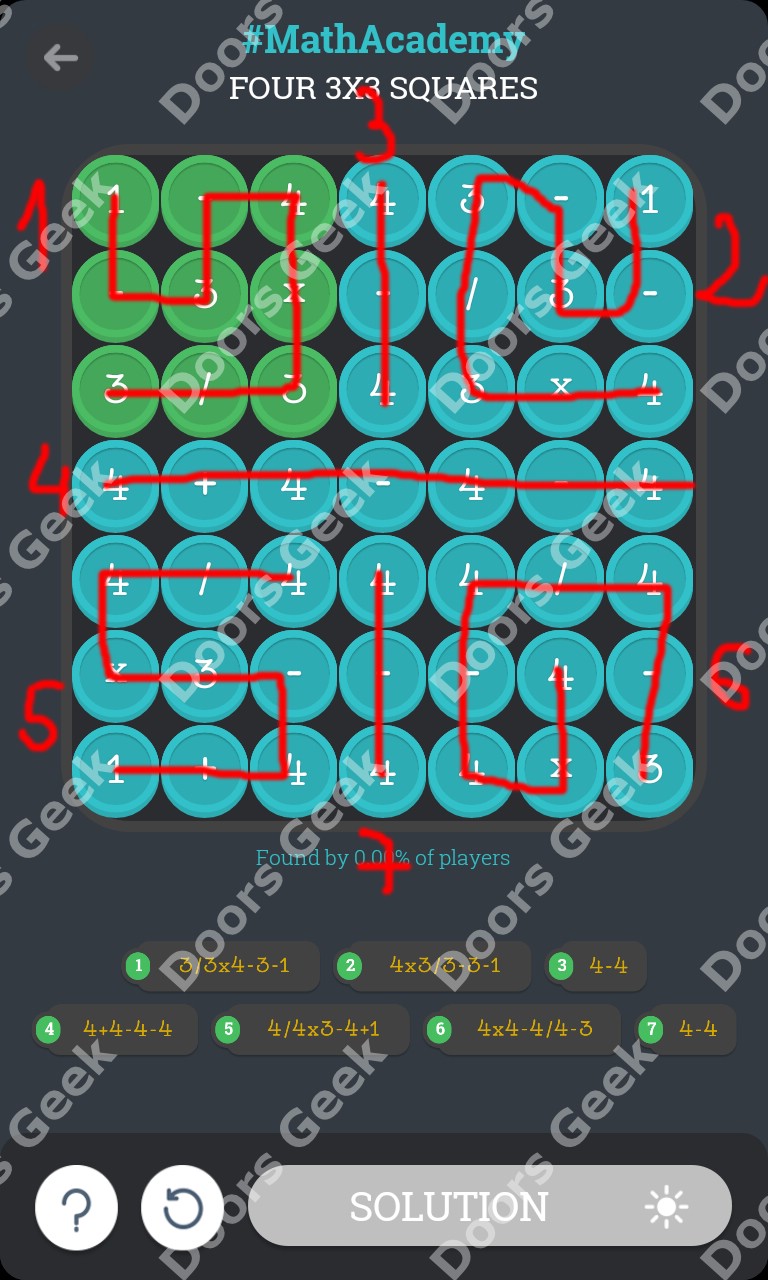 Math Academy "Four 3x3 Squares" Solution/Answers Doors Geek