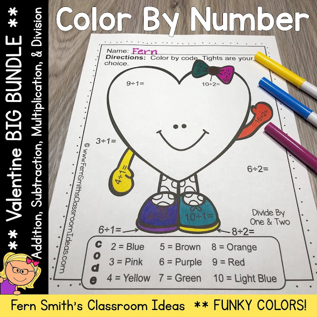 Click Here to Get These St. Valentine's Day Color By Number Addition, Subtraction, Multiplication, and Division FUNKY Valentines Themed Printables Bundle Resource for Your Classroom Today!