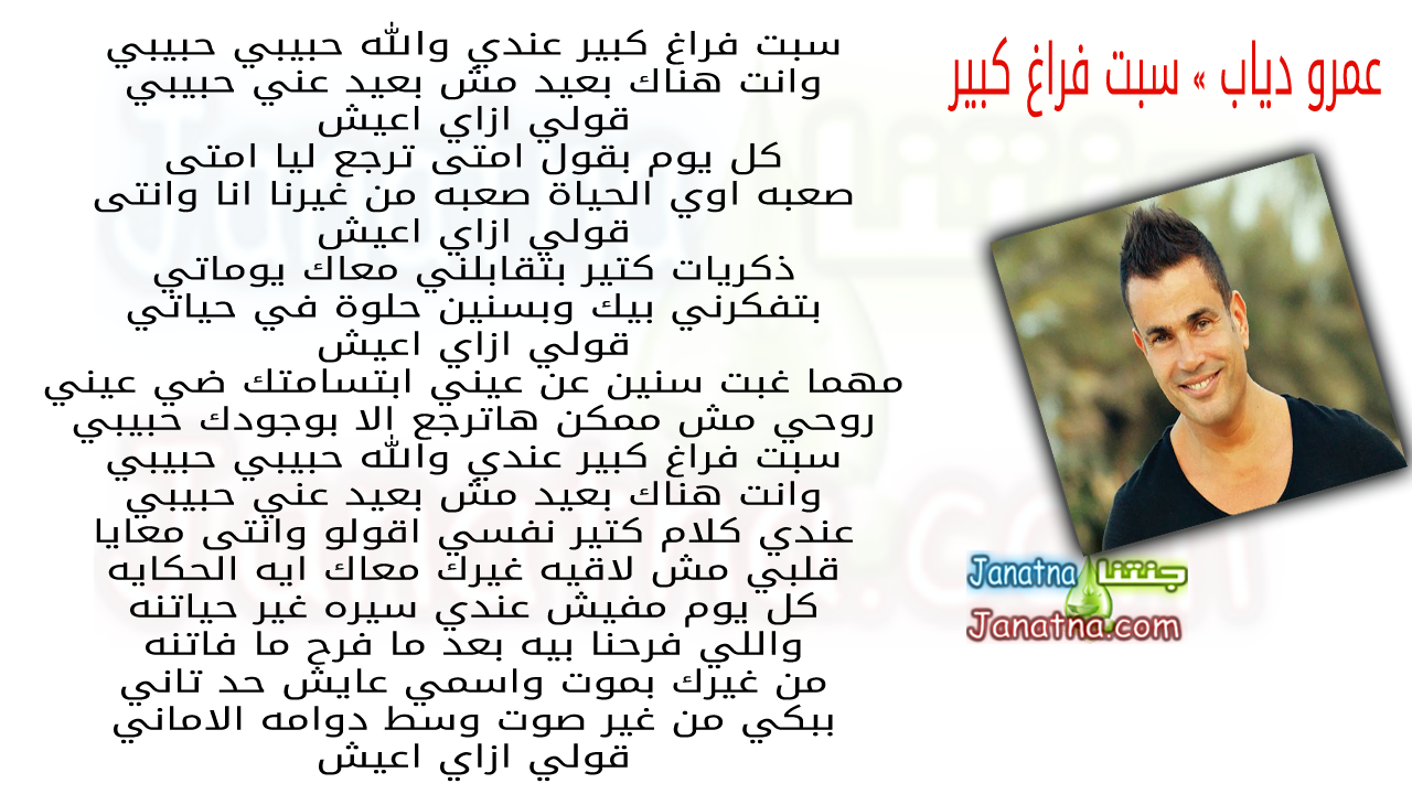 سبت فراغ كبير عندي والله حبيبي حبيبي وانت هناك بعيد مش بعيد عني حبيبي قولي ازاي اعيش كل يوم بقول امتى ترجع ليا امتى صعبه اوي الحياة صعبه من غيرنا انا وانتى قولي ازاي اعيش ذكريات كتير بتقابلني معاك يوماتي بتفكرني بيك وبسنين حلوة في حياتي قولي ازاي اعيش مهما غبت سنين عن عيني ابتسامتك ضي عيني روحي مش ممكن هاترجع الا بوجودك حبيبي سبت فراغ كبير عندي والله حبيبي حبيبي وانت هناك بعيد مش بعيد عني حبيبي عندي كلام كتير نفسي اقولو وانتى معايا قلبي مش لاقيه غيرك معاك ايه الحكايه كل يوم مفيش عندي سيره غير حياتنه واللي فرحنا بيه بعد ما فرح ما فاتنه من غيرك بموت واسمي عايش حد تاني ببكي من غير صوت وسط دوامه الاماني قولي ازاي اعيش