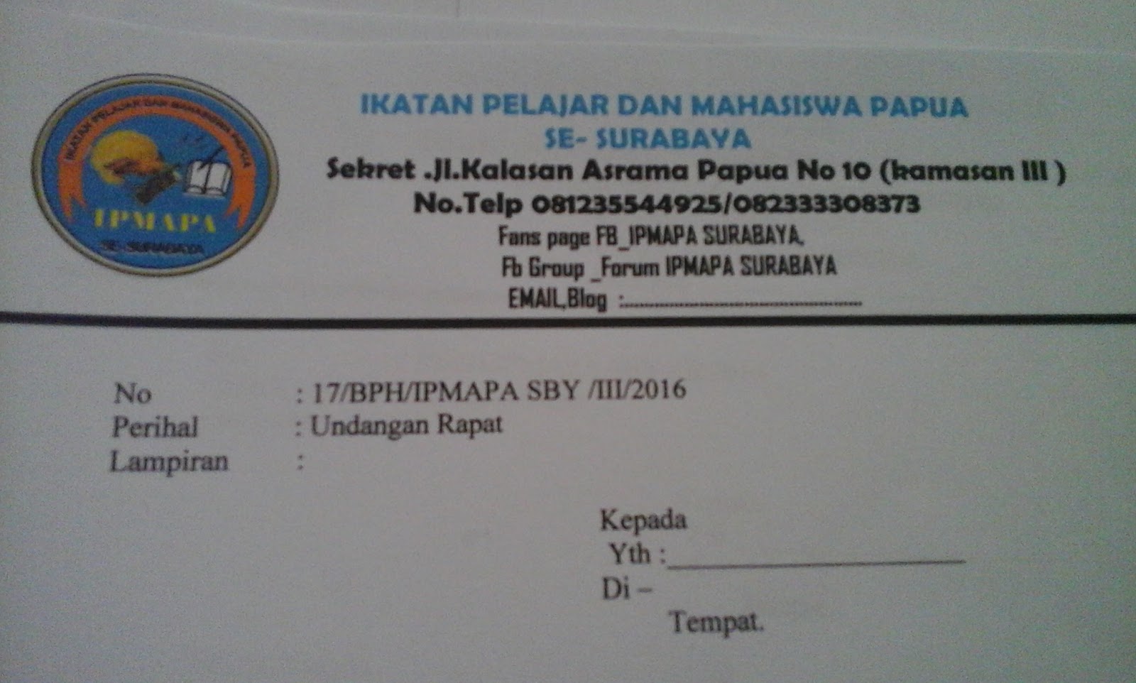 Undangan Rapat Untuk Semua Mahasiswa Papua Se-Surabaya dan 