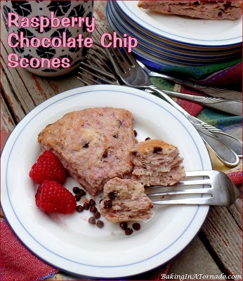 Raspberry Chocolate Chip Scones. Fresh raspberries are infused into a scone studded with mini chocolate chips. | recipe developed by www.BakingInATornado.com | #recipe #breakfast