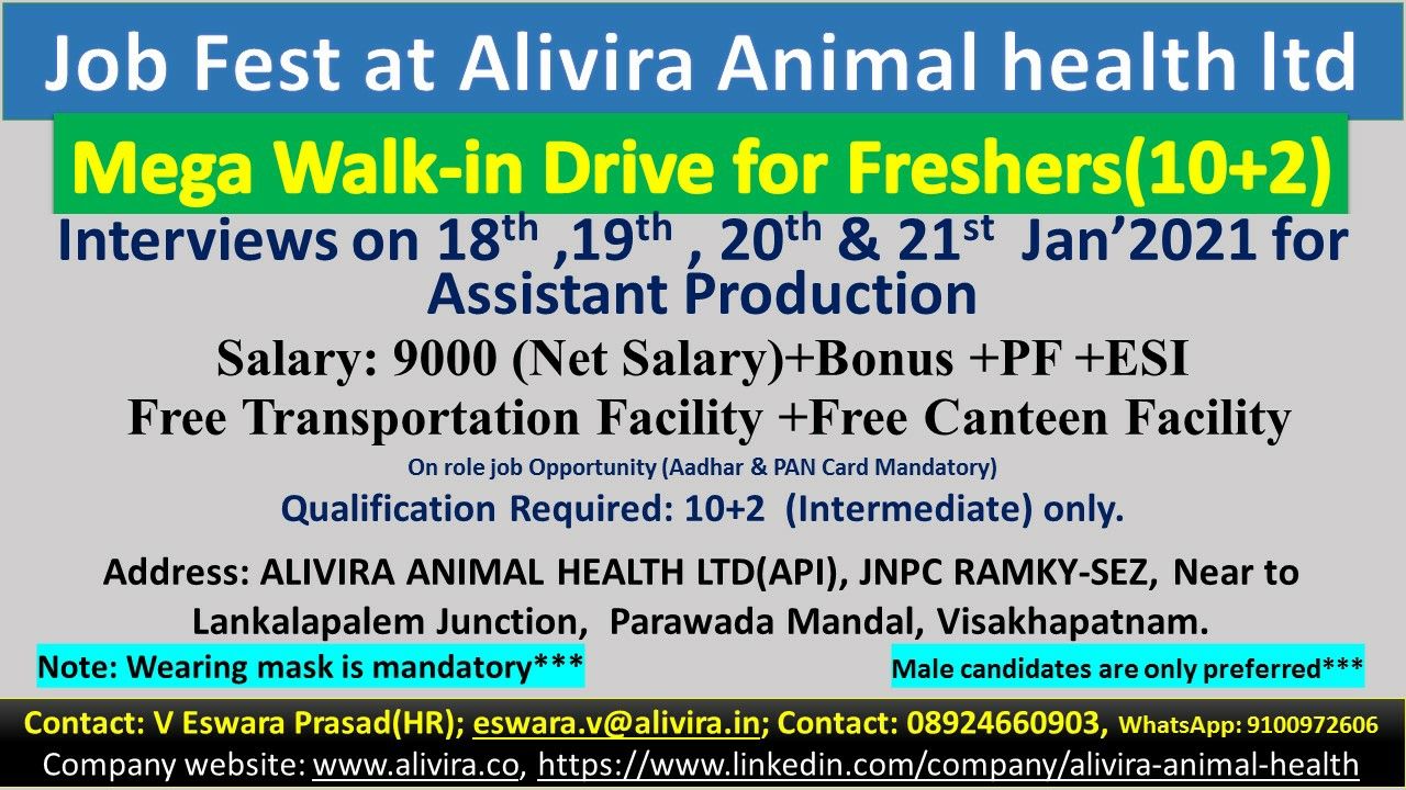 Alivira Animal Health Ltd Mega WalkIn Drive for FRESHERS on 18th