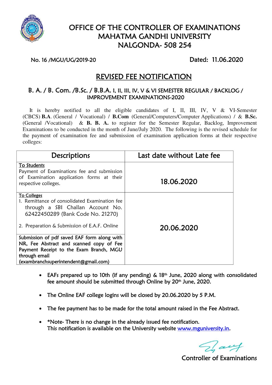 mg university nalgonda ug all sems june 2020 revised fee notification