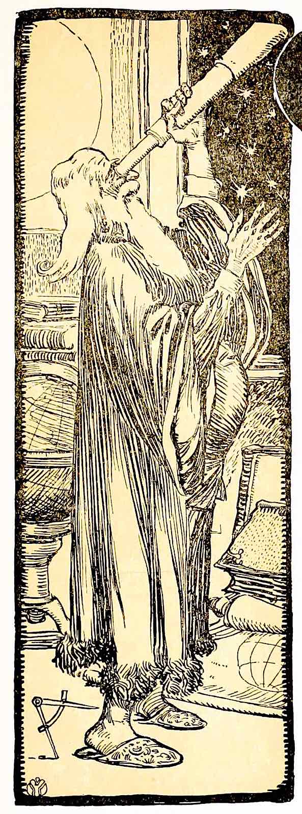 Ellsworth Young illustration an Ellsworth Young illustration of an old astronomer with his telescope