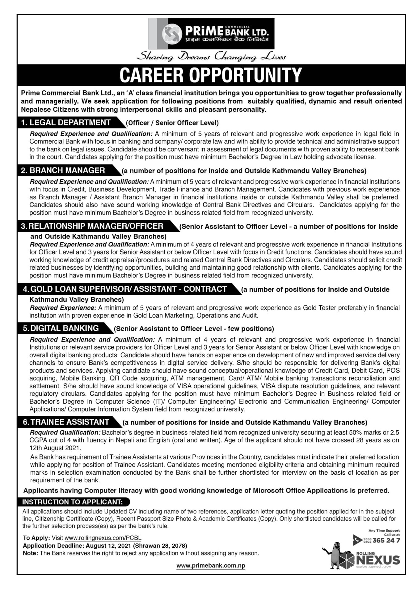 Prime Commercial Bank Limited Job Vacancy for Various Positions Chetan TM