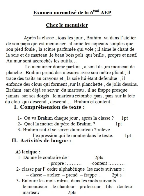 examen normalisé de la 6 aep chez le menuisier