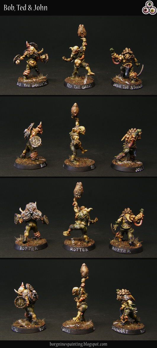 3 painted Rotters of Nurgle miniatures for use in Blood Bowl, conversions based on the official GW minis of them, visible from different angles. Their skin is pale yellow and the clothes dirty green. One on the left is carrying 3 shields, representing the 'Guard' skill, the in the middle is raising a ball while standing on one leg, representing his extra Agility score, while the one on the right has a turtle shell for a helmet, representing the 'Thick Skull' skill.