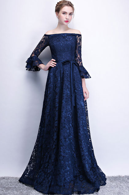 Navy Blue Off Shoulder Sleeves Party Prom Dress