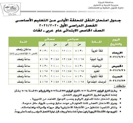 جدول امتحانات الترم الأول محافظة الجيزة 2020 / 2021 5
