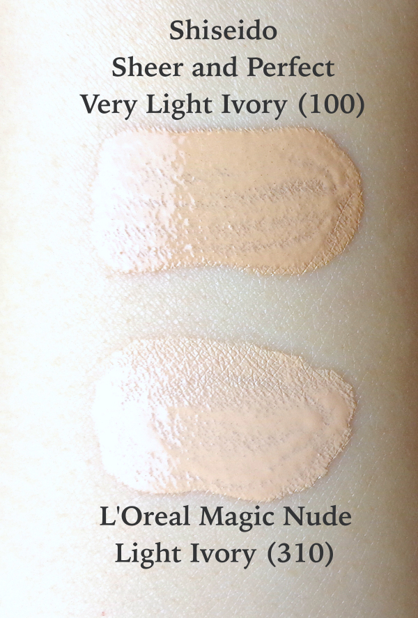 Shiseido Sheer and Perfect Foundation Very Light Ivory swatch comparison