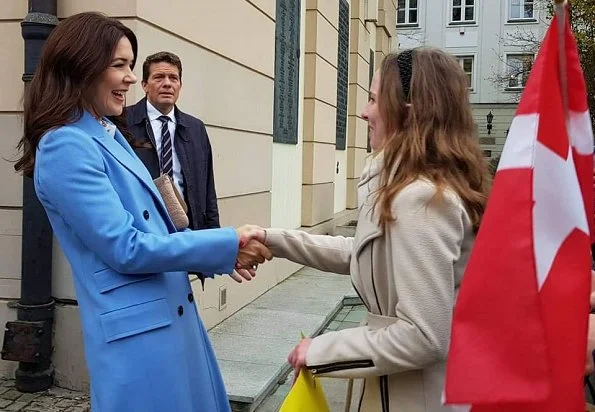 Crown Princess Mary wore Strenesse wool virgin coat in Loro Piana and print blouse. Andrzej Duda and Agata Kornhauser-Duda