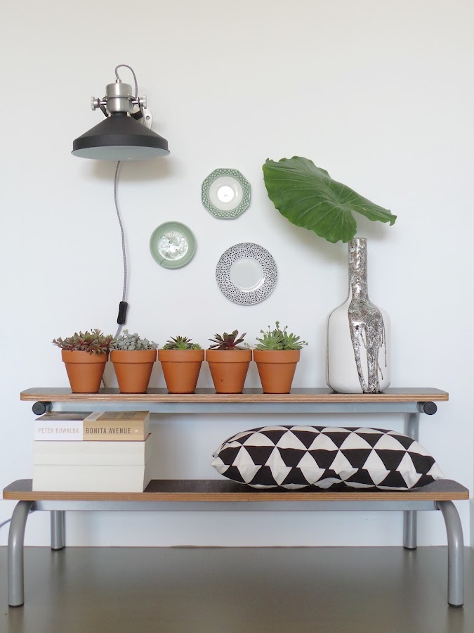 Baldas con plantas y lámpara de pared con cable 