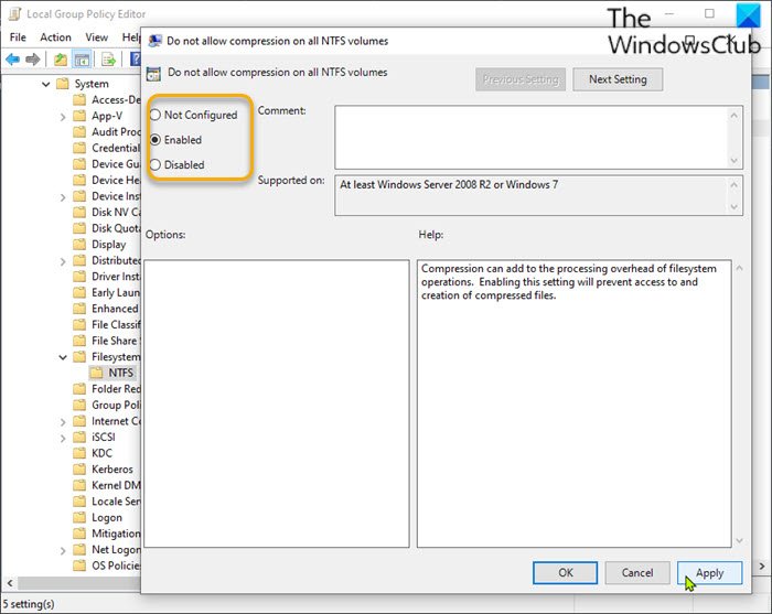 Включить или отключить сжатие файлов NTFS через редактор локальной групповой политики