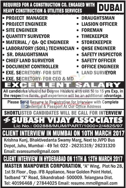 Construction company Jobs for Dubai Gulf Jobs for Malayalees