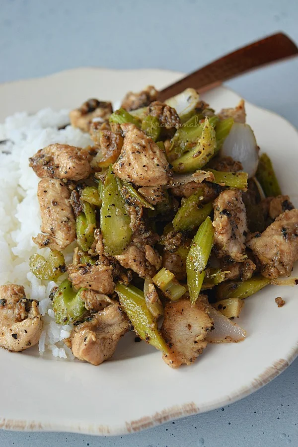 Spicy good Black Pepper Chicken with lots of celery and onion