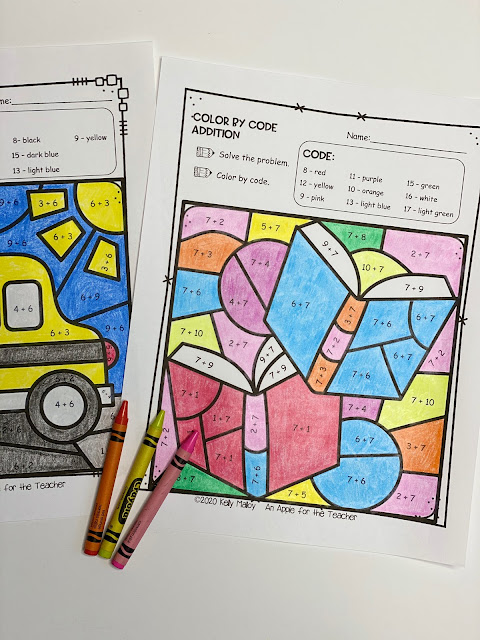 Back to School Color by Number Addition Worksheets