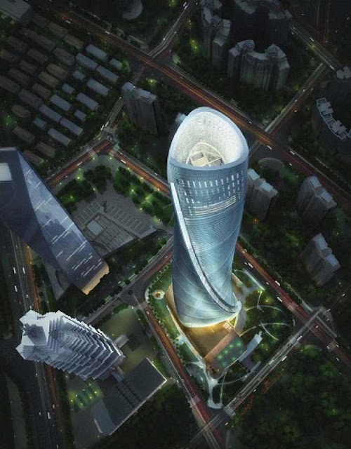 Shanghai Tower at night as seen from the air