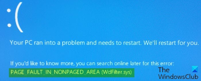 PAGE_FAULT_IN_NONPAGED_AREA (WdFilter.sys) Ошибка синего экрана