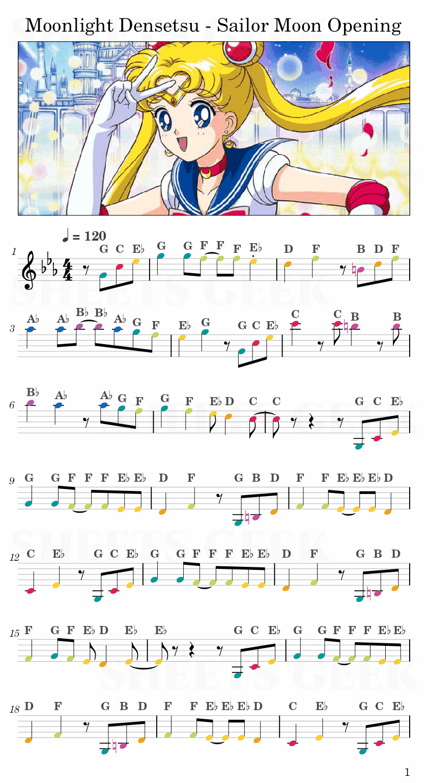 Moonlight Densetsu - Sailor Moon Opening Easy Sheet Music Free for piano, keyboard, flute, violin, sax, cello page 1