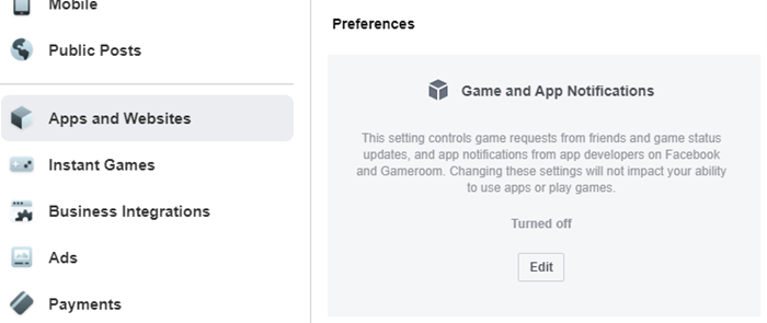 Desactivar la notificación de la aplicación de juegos de Facebook