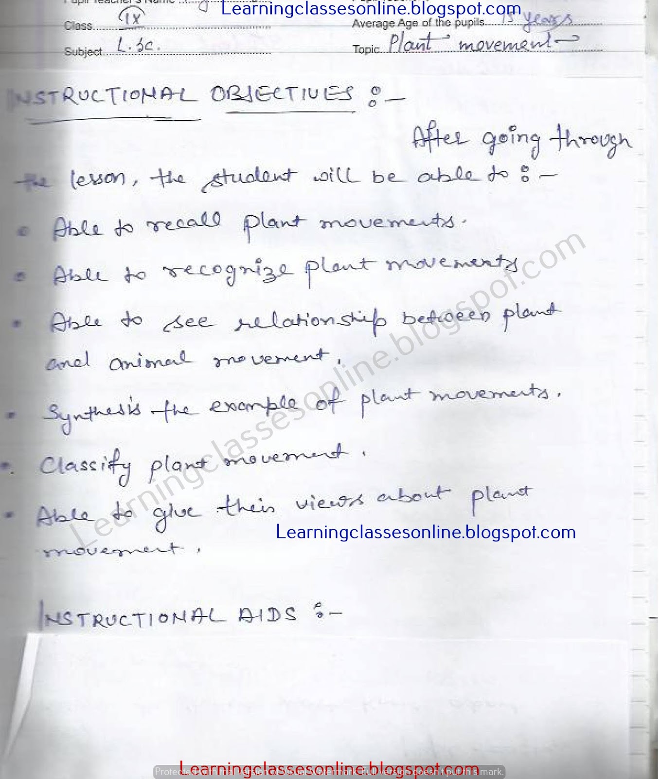 Class 10th science and biological science lesson plan for teachers on plant movement