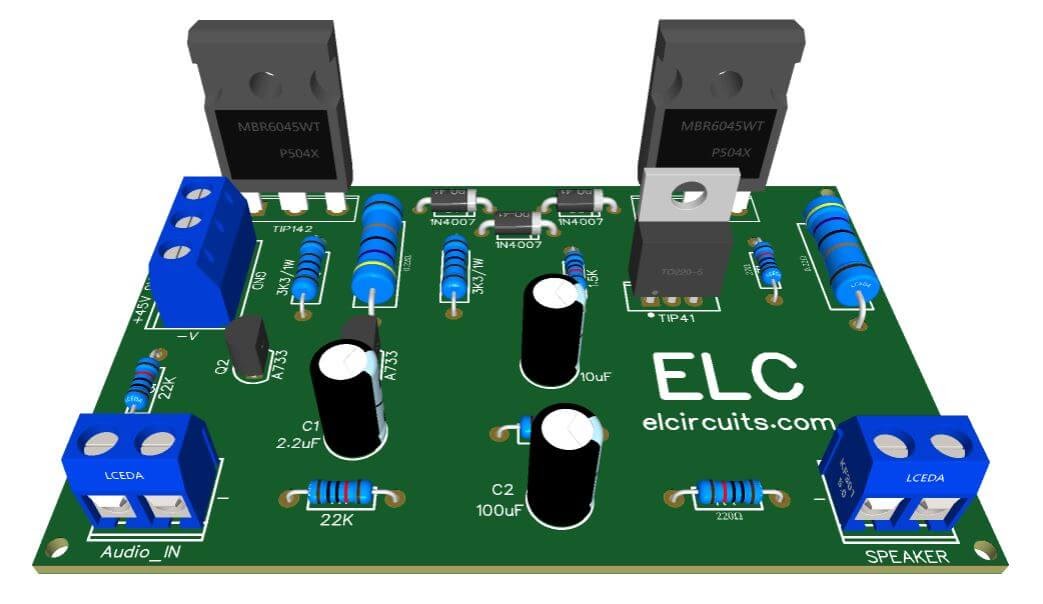 Simple 100W Power Amplifier using TIP142 NPN and TIP147 PNP transistors