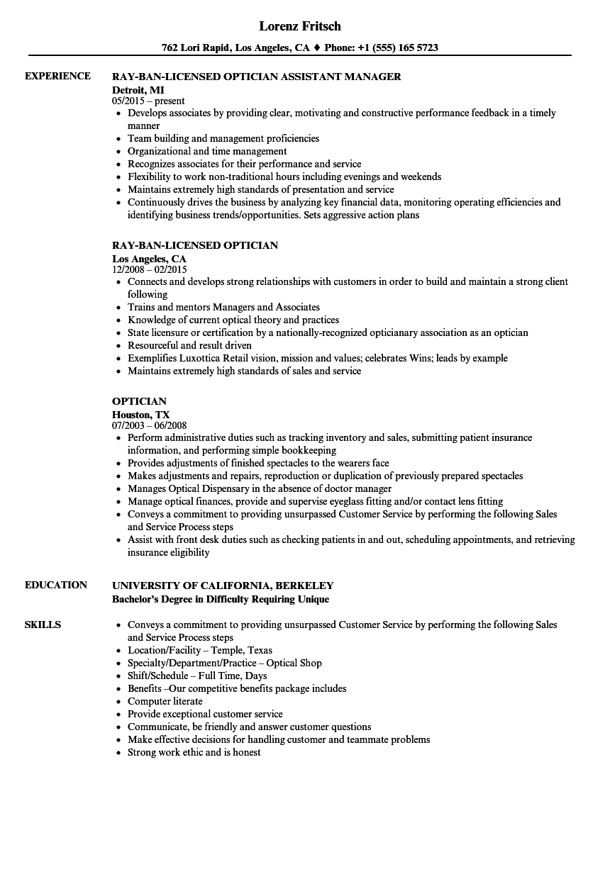 Job Description For Optician Resume Letter