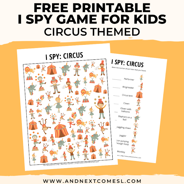 Free I spy game printable for kids: circus themed